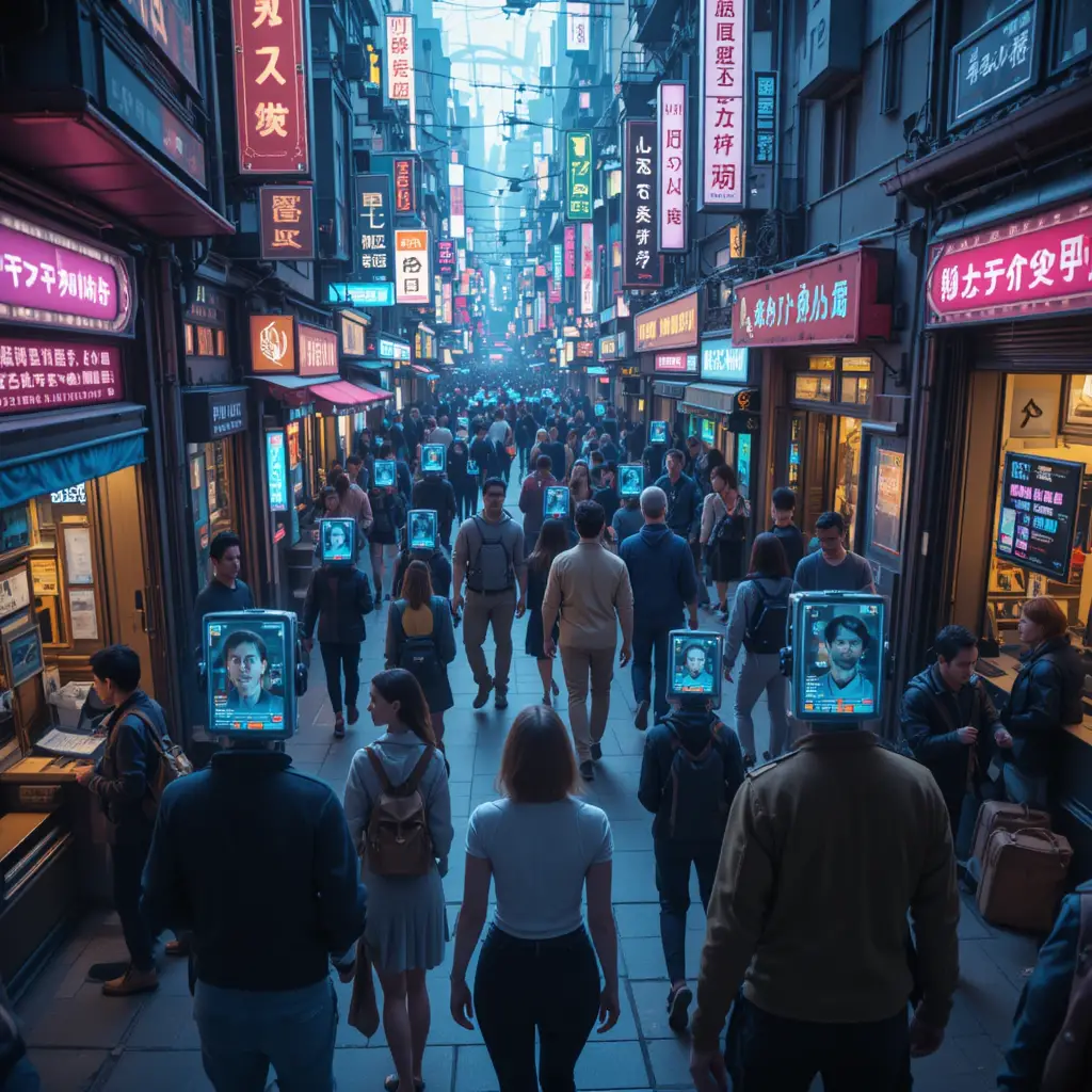 俯視未來城市人潮佩戴 VR 約會護目鏡