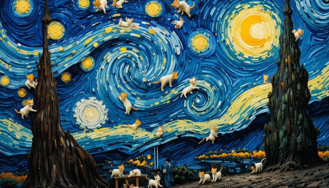 Chat joueur tourbillonnant dans un ciel inspiré de La Nuit étoilée
