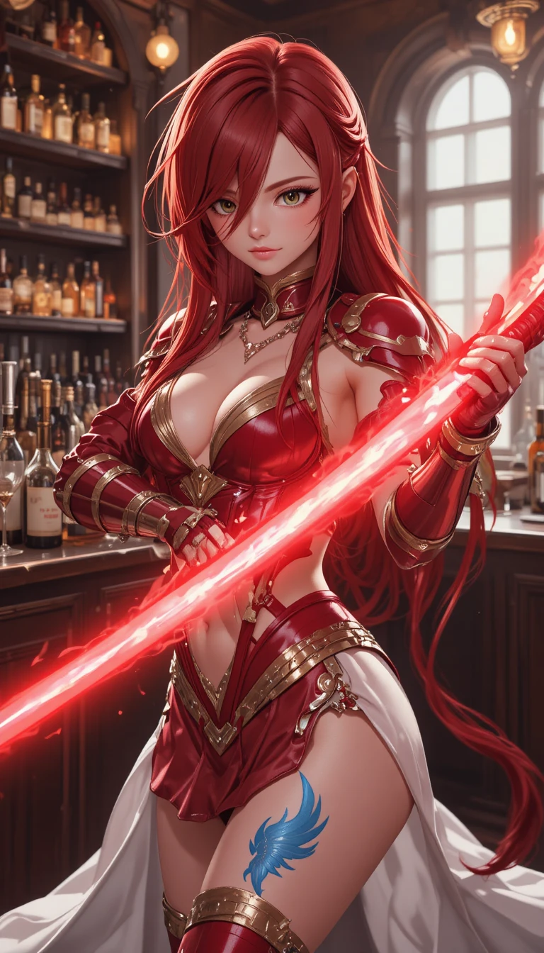 Guerrière d’anime rousse et timide dans une taverne chaleureuse