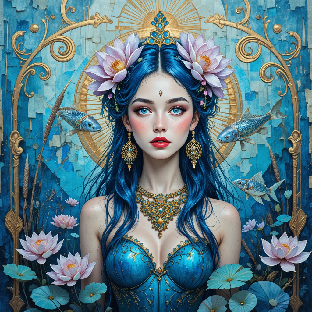 Portrait de déesse sirène dans une peinture collage sous-marine bleue