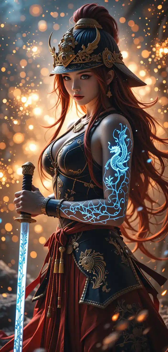 Guerreira de anime puxando sua katana em postura de batalha