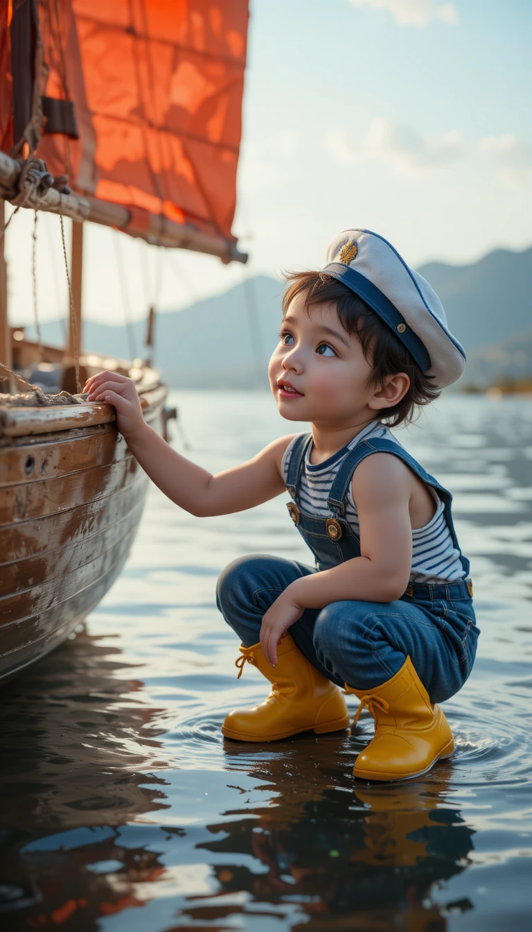 Bambino in abito da marinaio che gioca con una barca a vela di legno