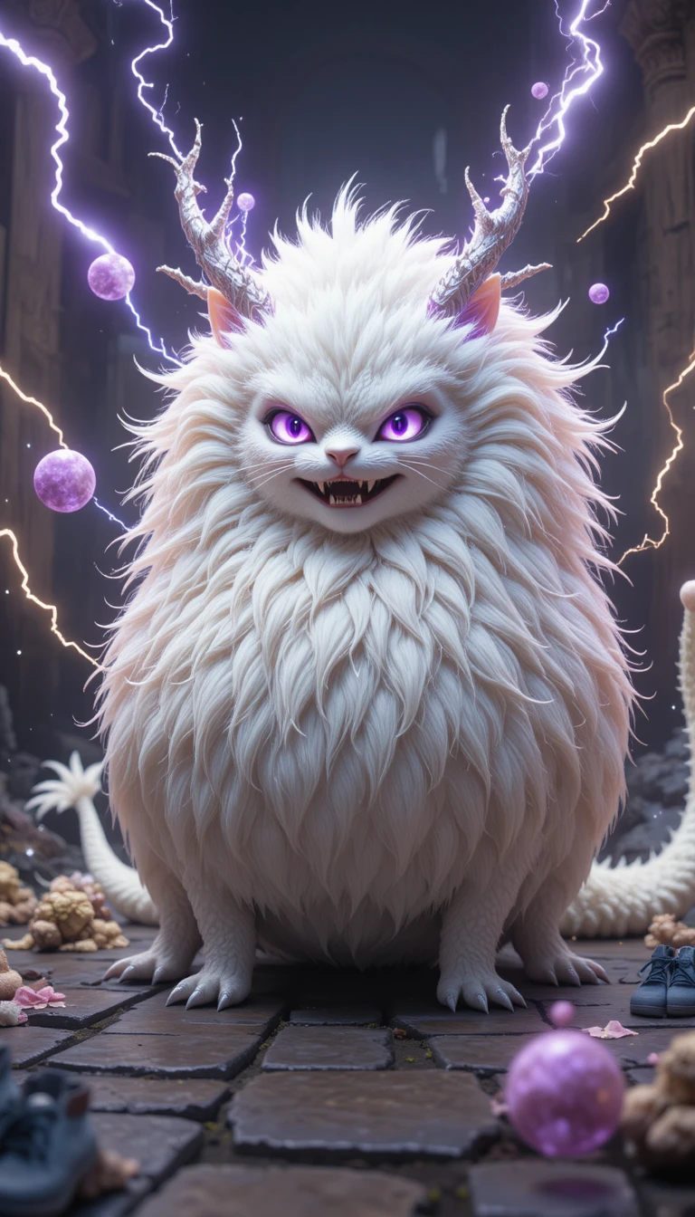 Bête chat chibi foudroyante sur un ancien sol de pierre