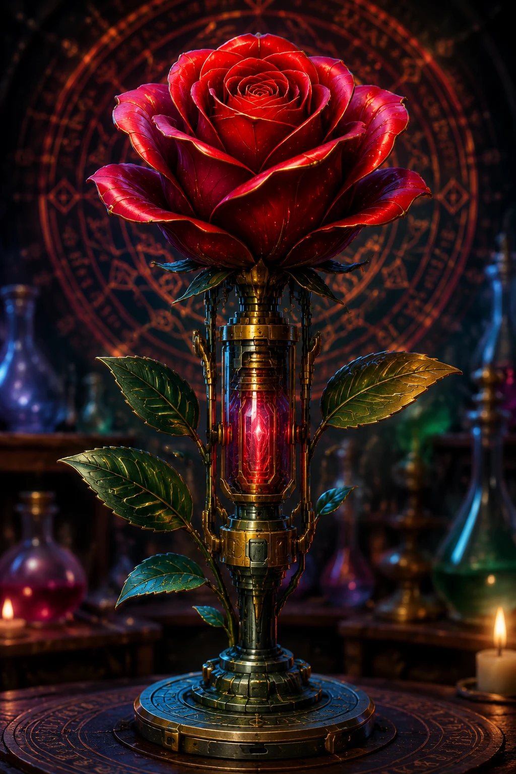 Primo piano di rosa sci‑fi con nucleo di reattore meccanico