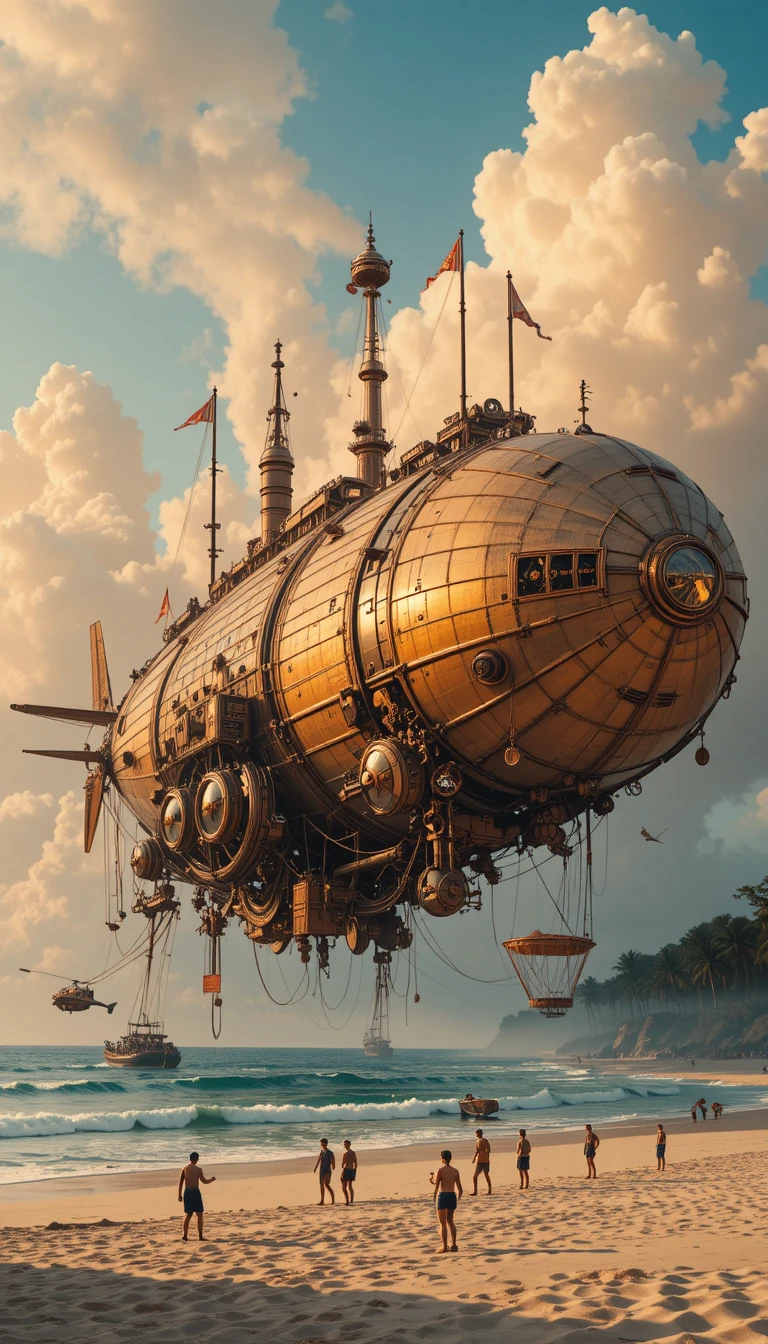 Dirigível steampunk sobrevoando uma praia tropical tranquila