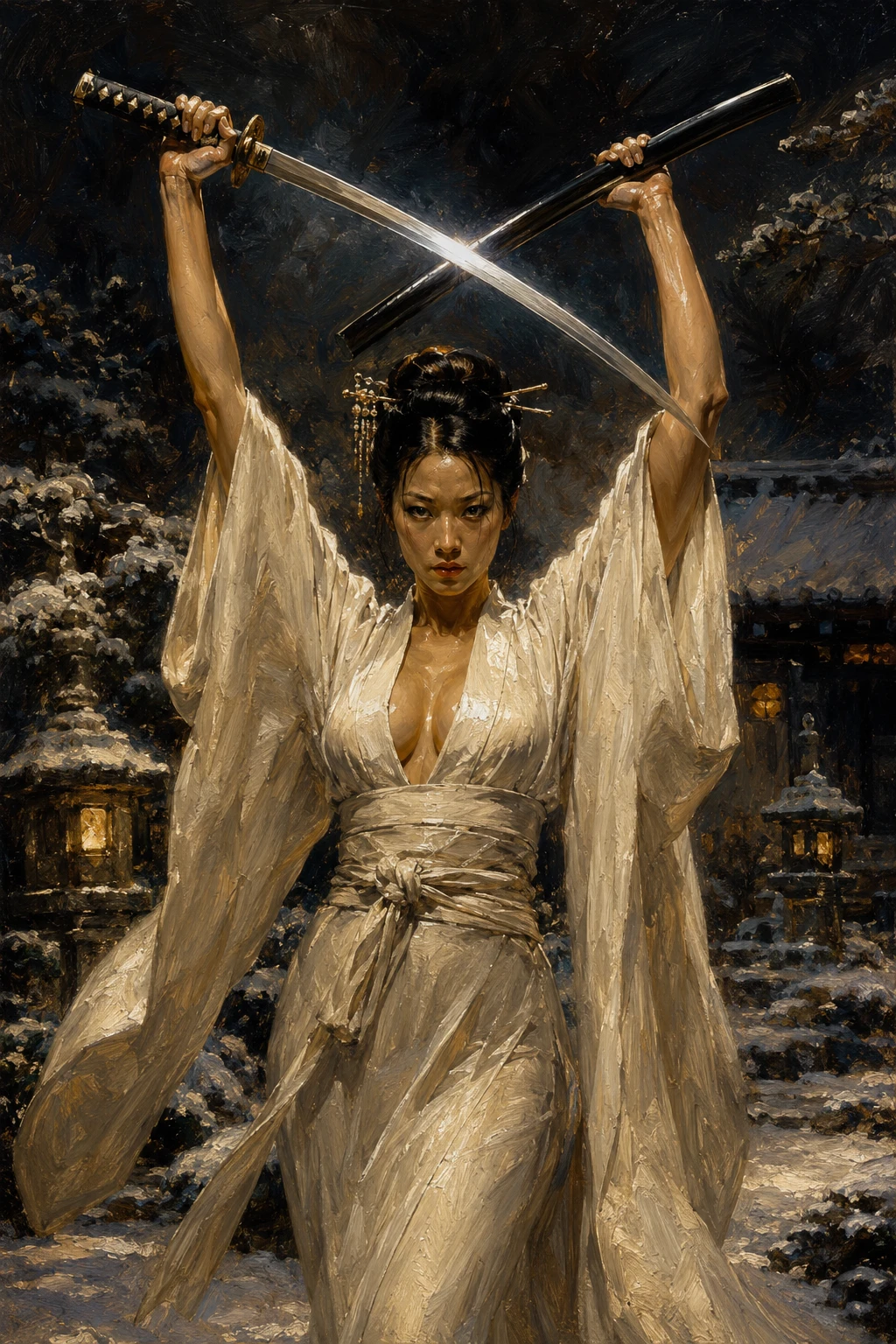 Warrior woman in kimono crossing katana in snowy garden