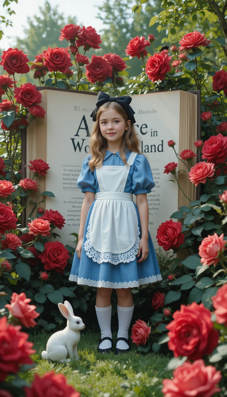 Menina de vestido azul em um jardim de verão fantasioso