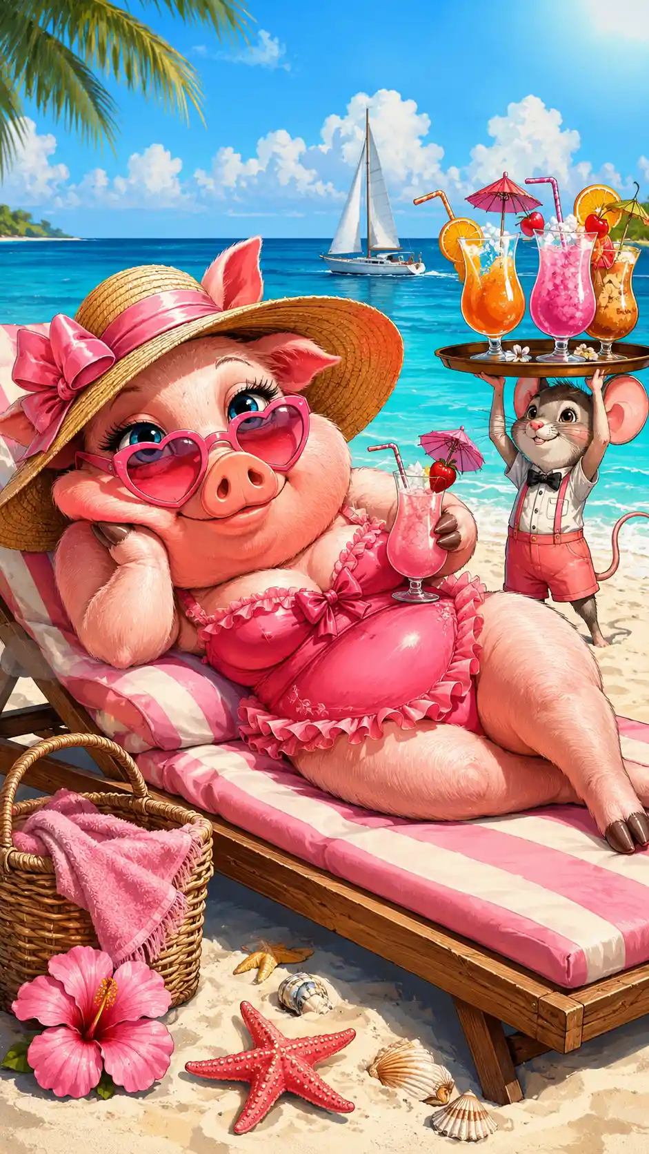 Cartoon pink pig relaxing on a sunny beach lounger