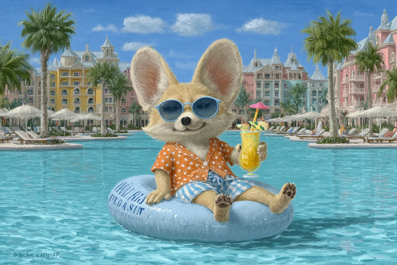 Playful fennec fox relaxing on inflatable swan in pool