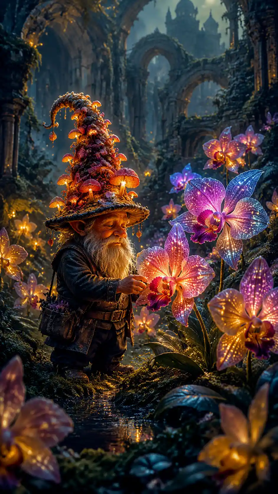 Whimsical gnome tending glowing orchid garden at night