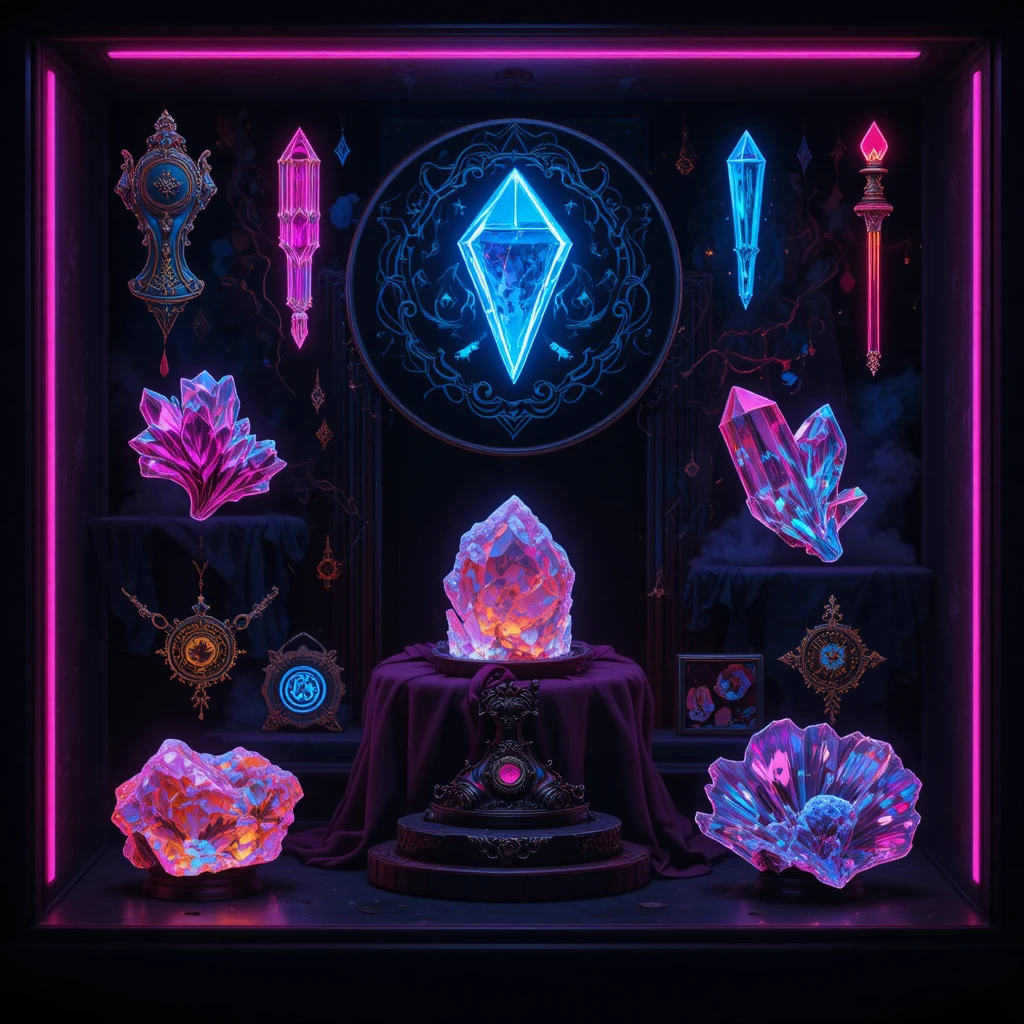 Reliques de cristal dans un concept de vitrine en line art néon ornementé