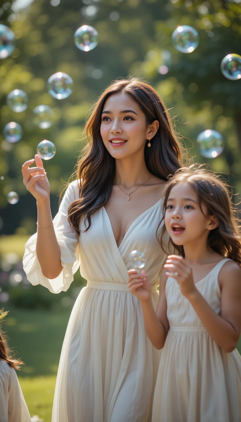 陽光夏日公園裡與女兒嬉戲的母親