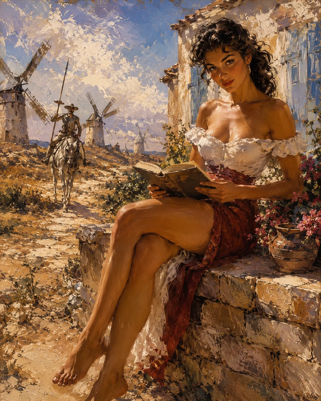 Pin-up morena lendo junto a um muro de fazenda banhado de sol