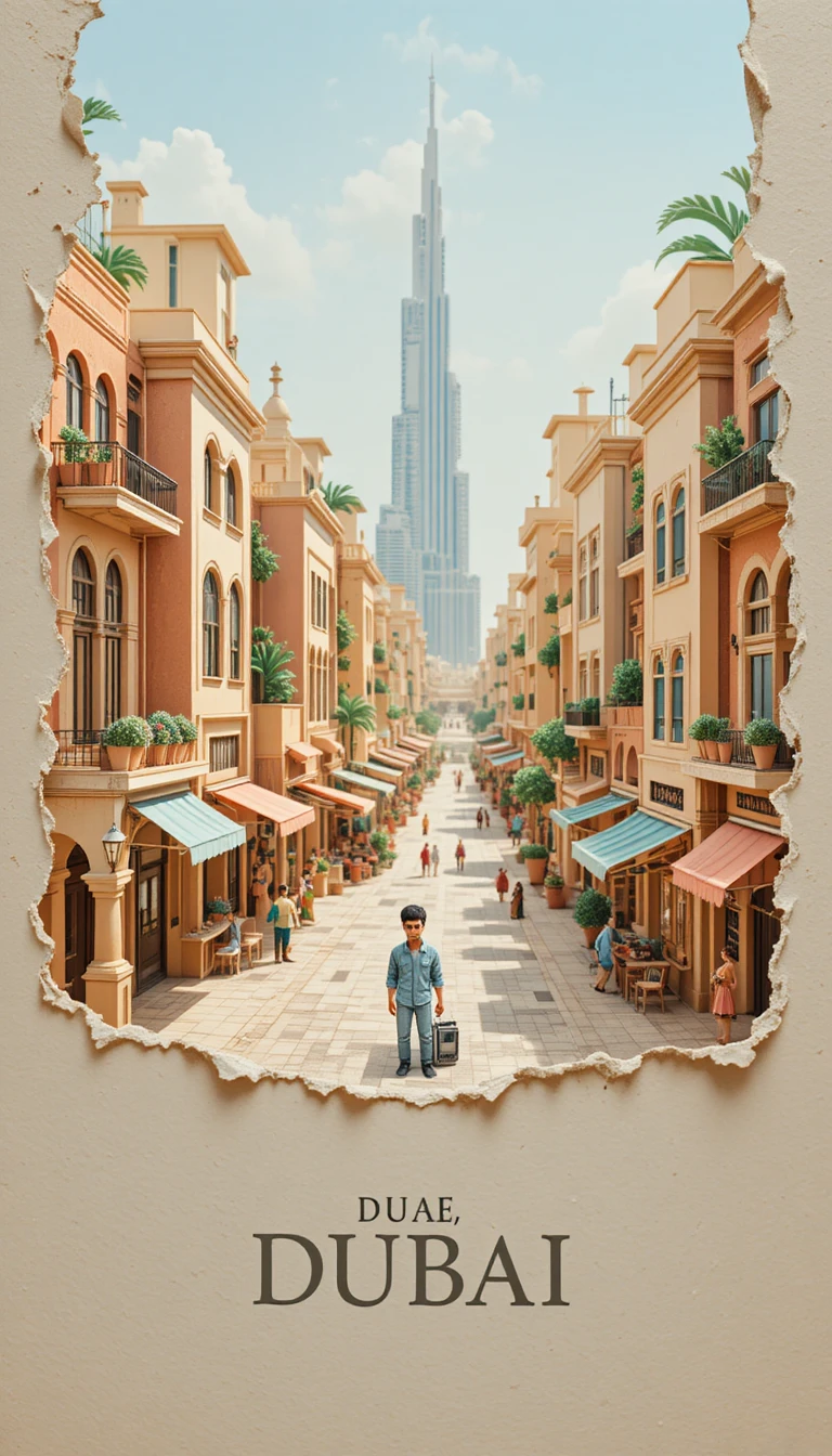 Diorama de papel de uma cena urbana acolhedora em Dubai