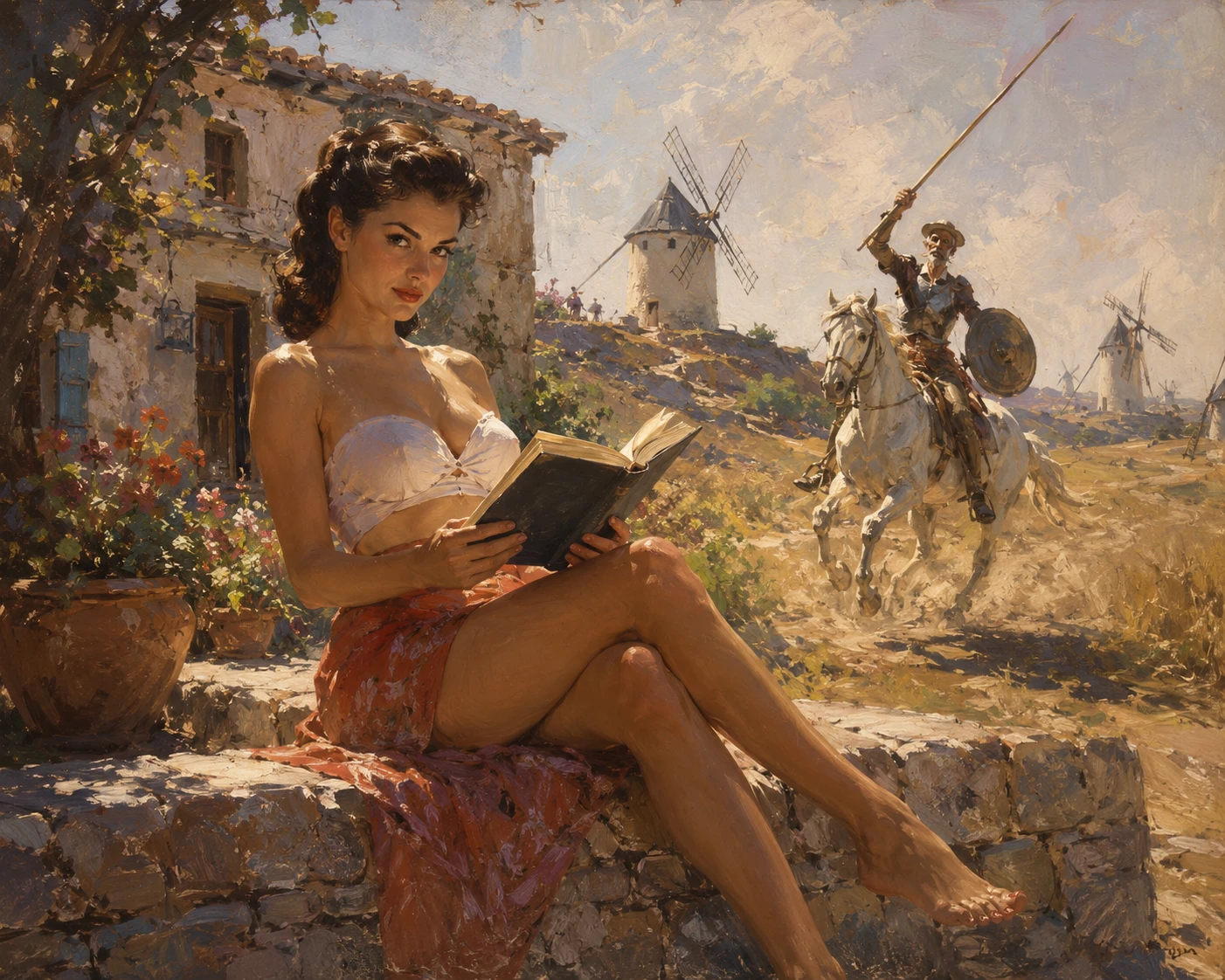 普羅旺斯農舍外閱讀的棕髮復古 pin-up 女郎