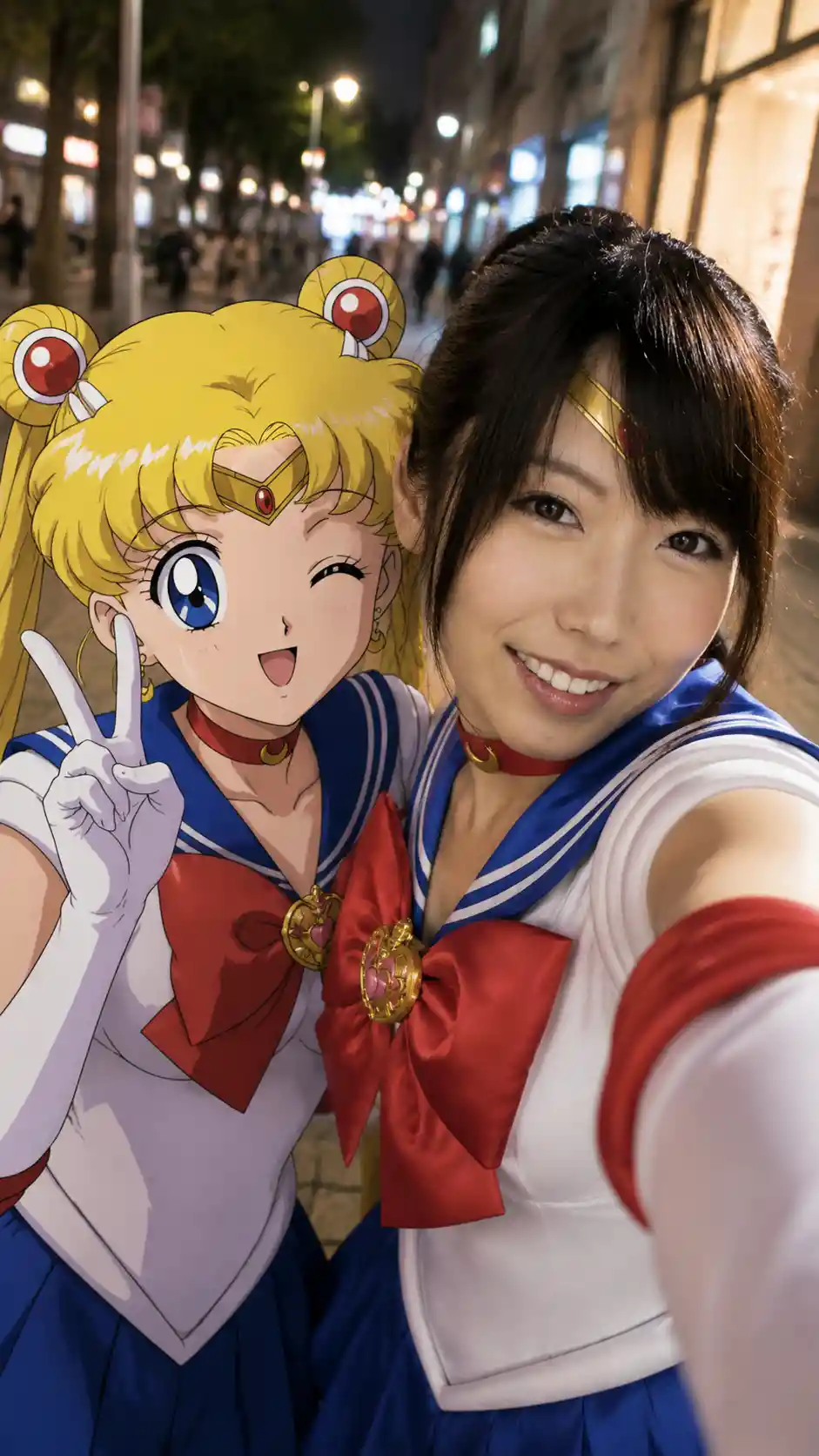 Cosplayer che si Fa un Selfie con un Amico Anime 2D di Notte
