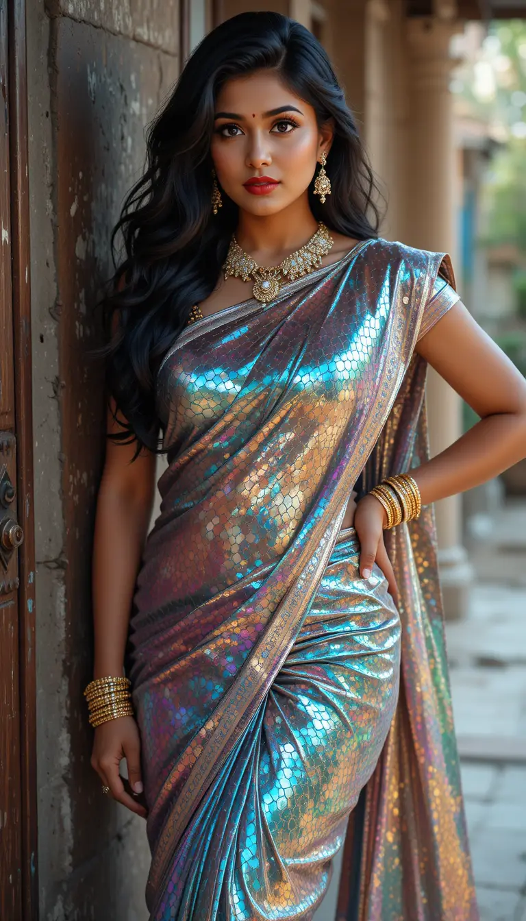 Indian woman in glossy mirror saree leaning against wall