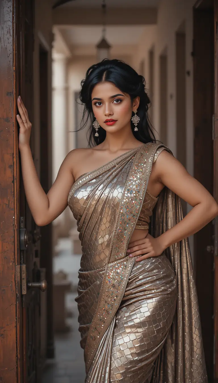Tamil woman in glossy saree leaning by wooden doorway