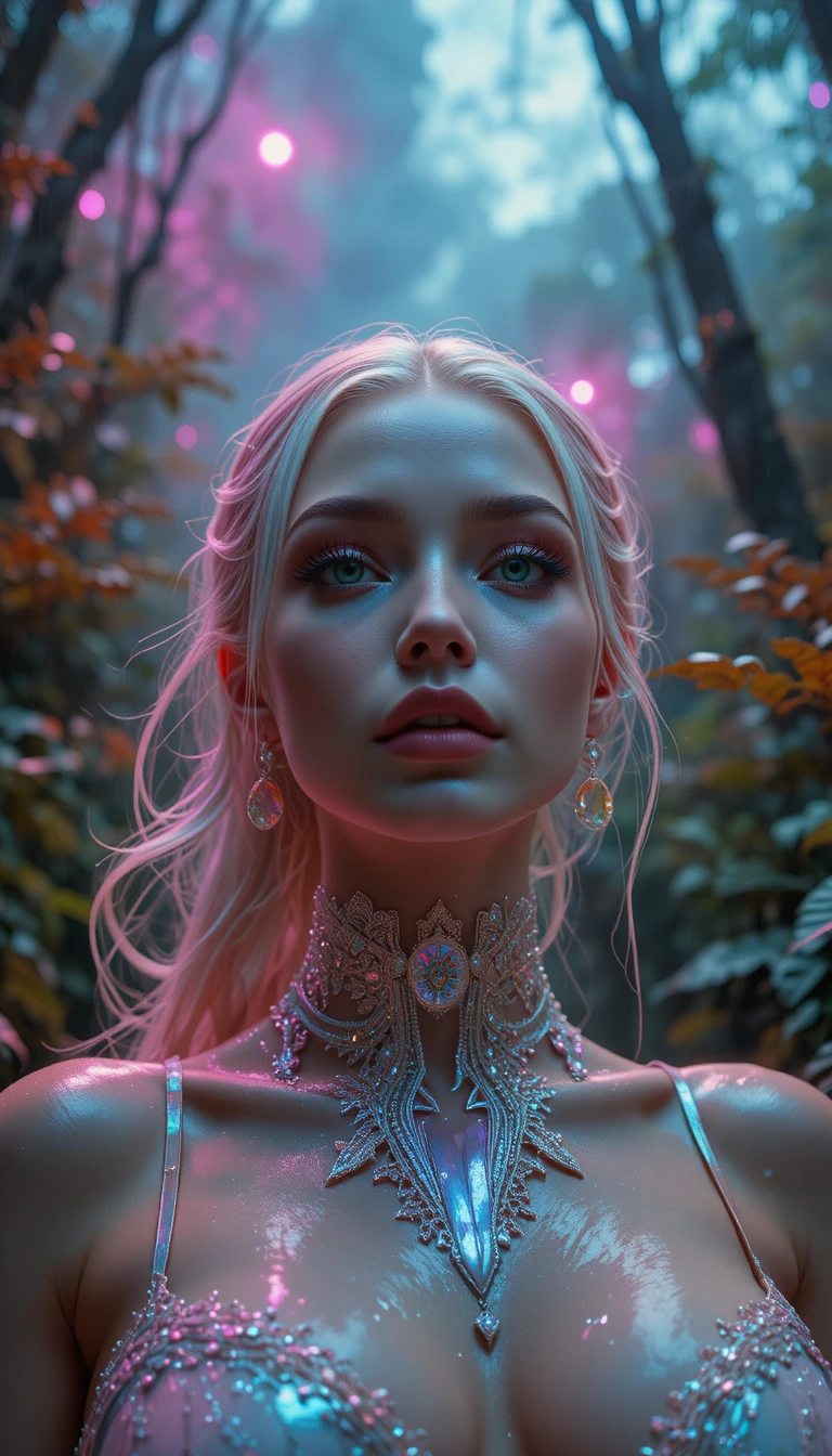 Primo piano sensuale e cinematografico di donna in giungla futuristica