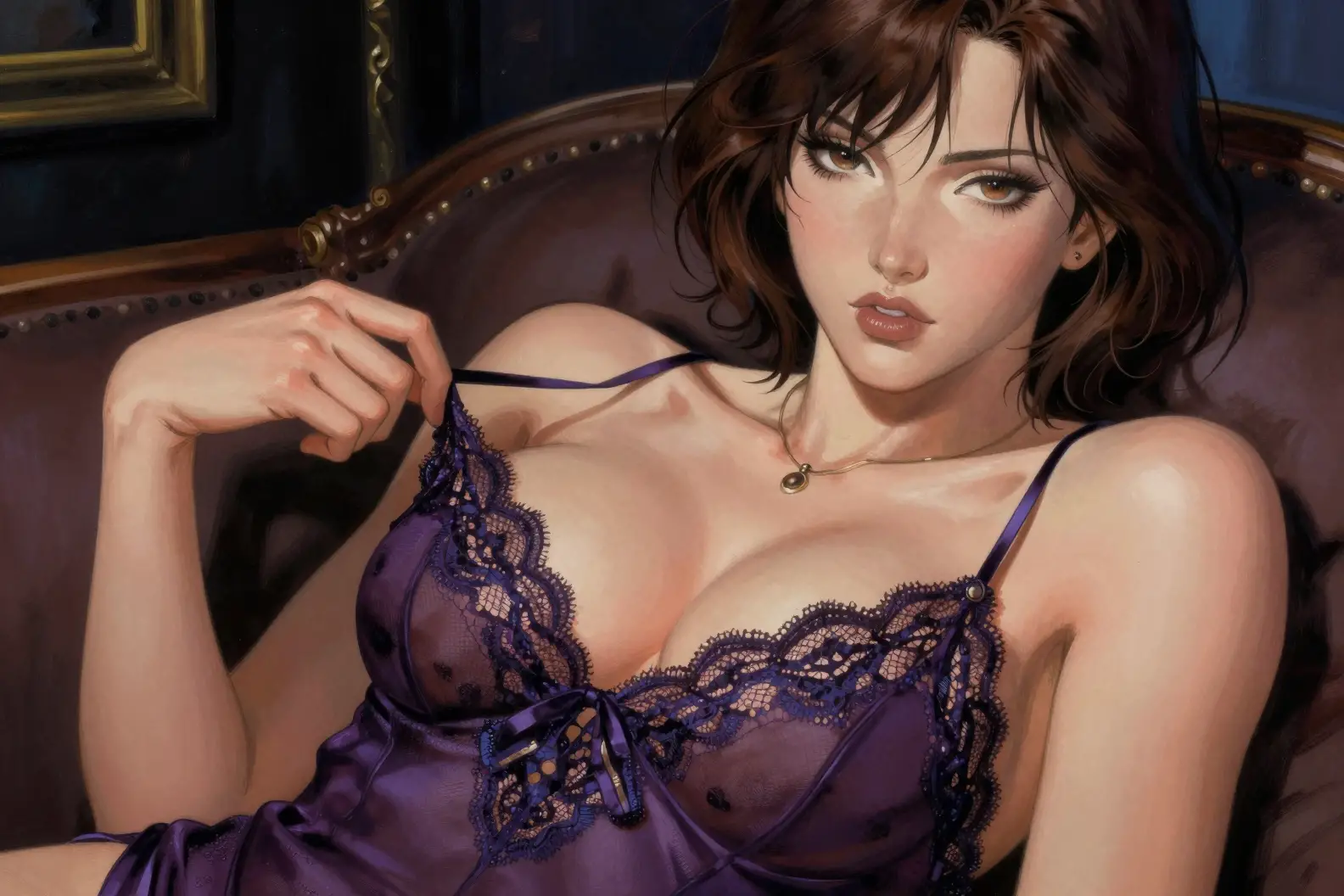 蕾絲睡衣女子在沙發上的性感特寫