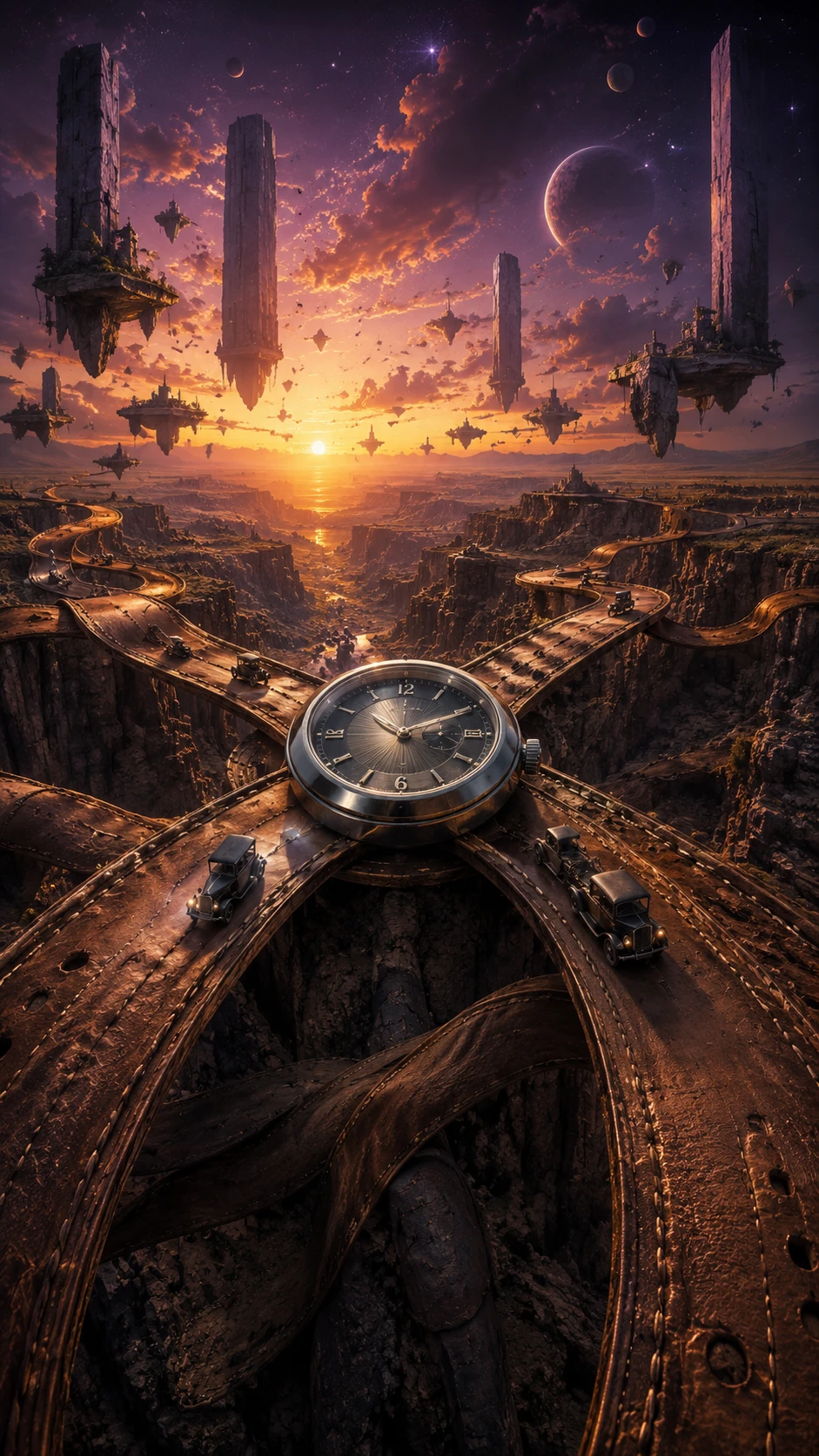 Surreal canyon of winding watchbands at twilight