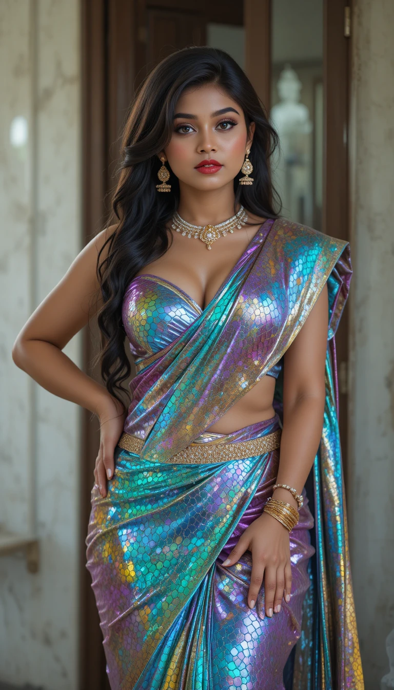 Mujer india con un saree brillante de espejo inclinada de la cintura