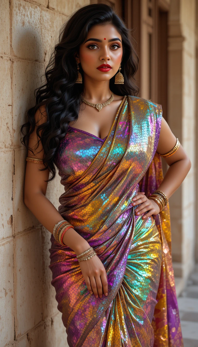 Mujer india con sari espejo brillante posando en interiores