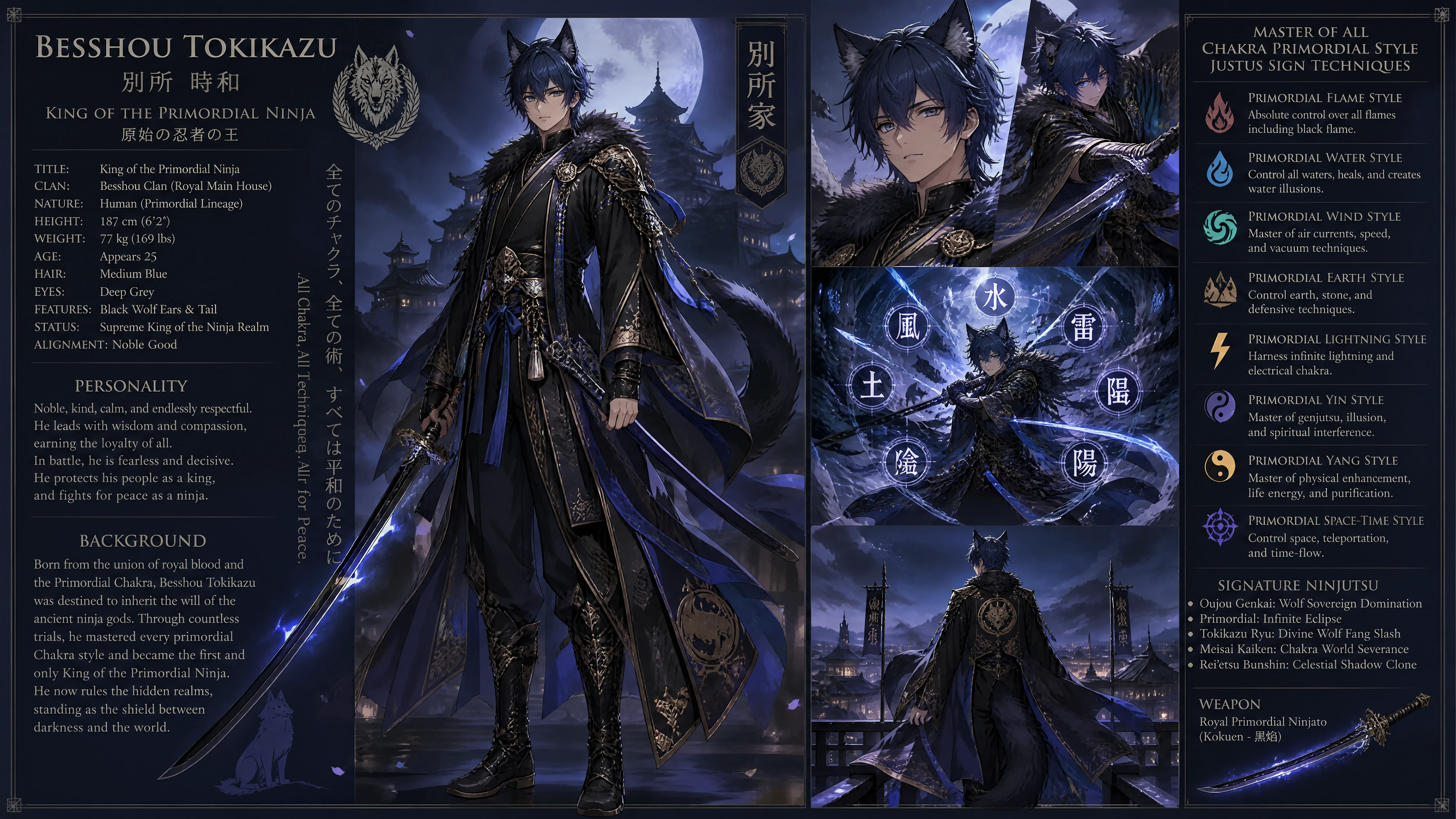 Roi ninja aux cheveux bleus avec oreilles et queue de loup noires