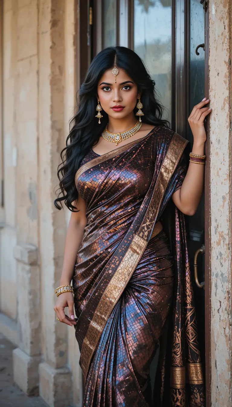 Indian woman in glossy saree leaning at wooden doorway