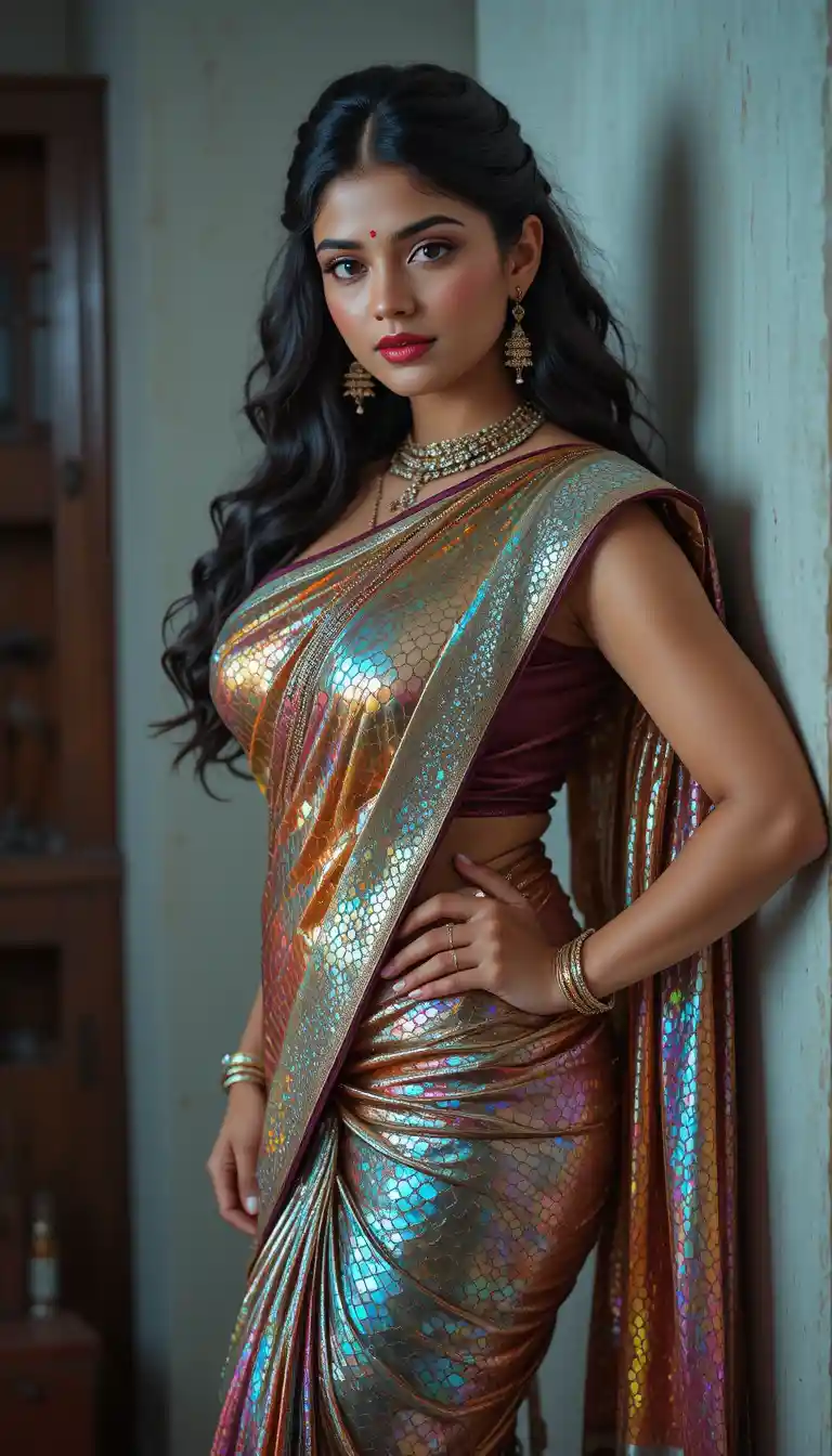 Mulher indiana em saree espelhado brilhante com joias de casamento