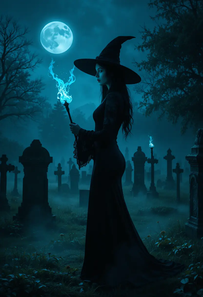 Elegante Hexe mit leuchtendem Zauberstab auf mondbeschienenem Friedhof