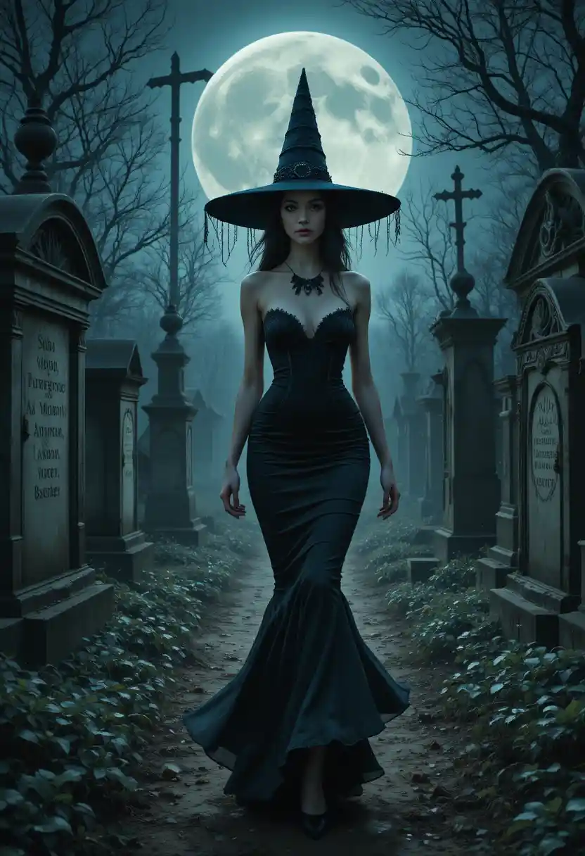 Witch woman in black dress walking through moonlit cemetery