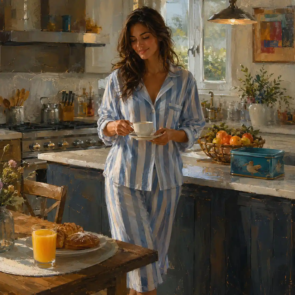 Donna che serve la colazione in una cucina moderna e accogliente