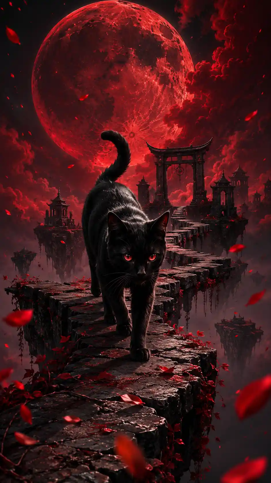 Black cat crossing floating stone bridges under red moon