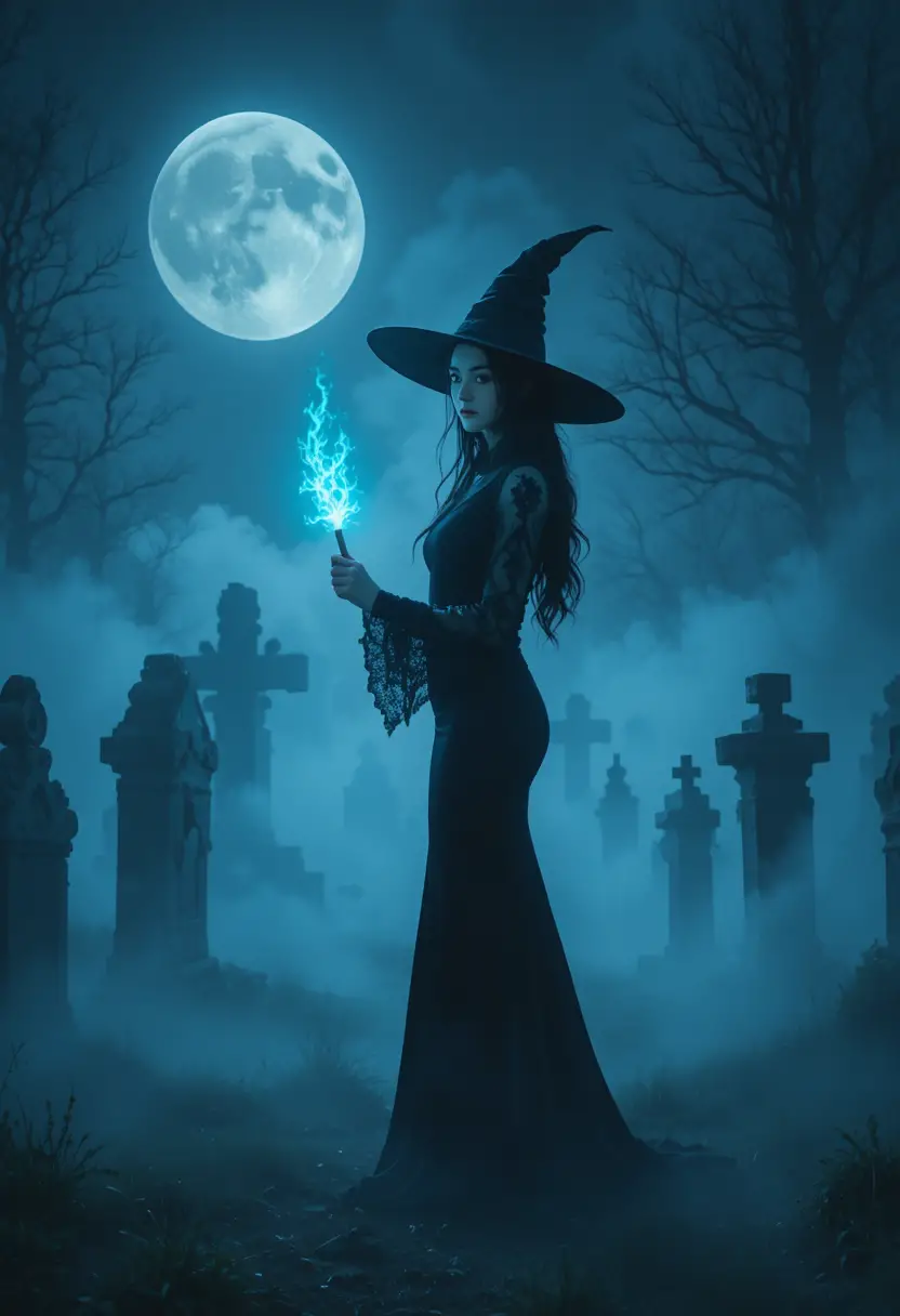 Elegante Hexe mit leuchtendem Zauberstab auf nebligem Friedhof