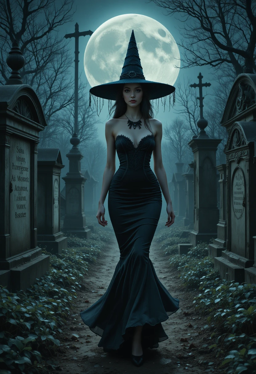 Sorcière en robe noire marchant dans un cimetière au clair de lune