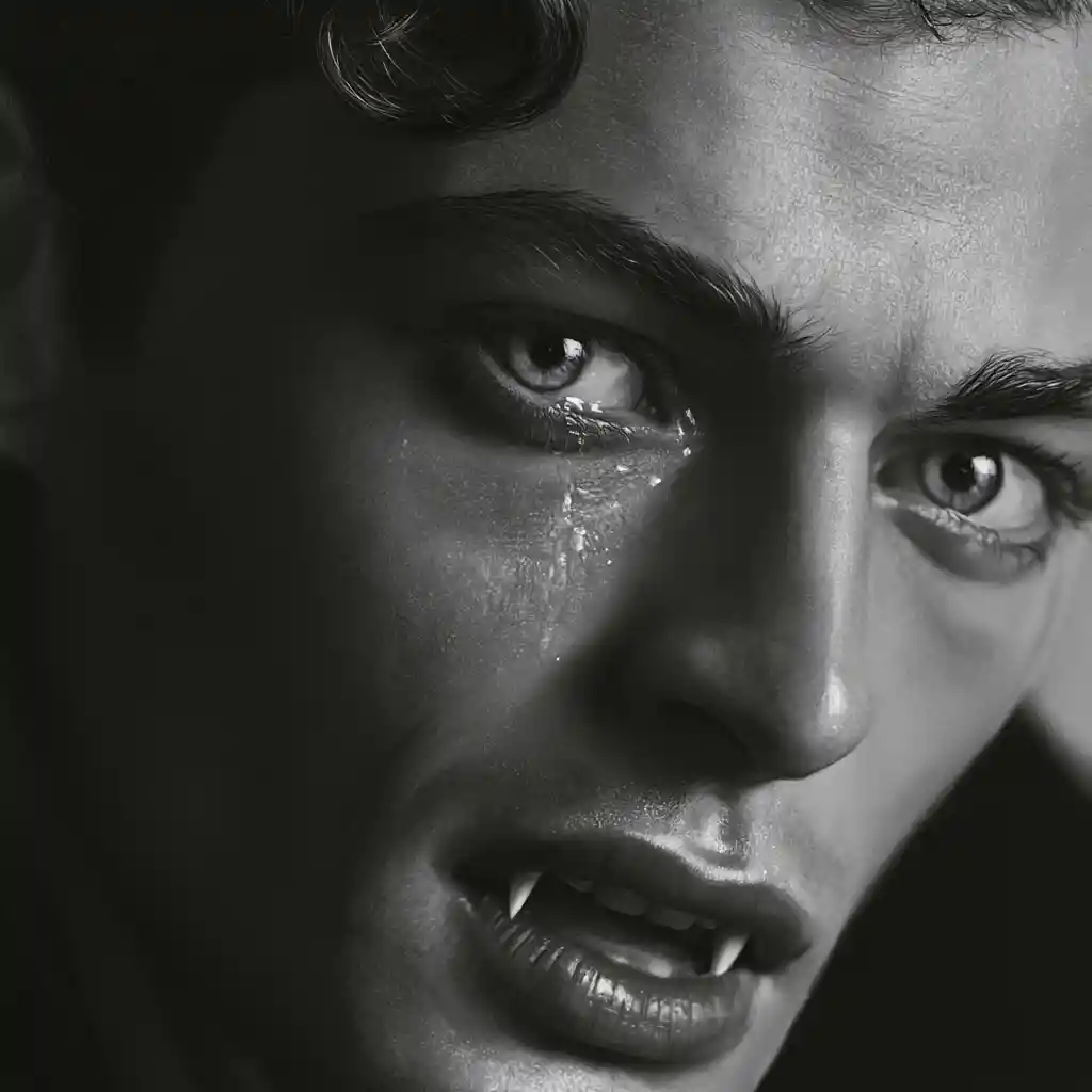 Melancholic close up portrait of a cinematic vampire man