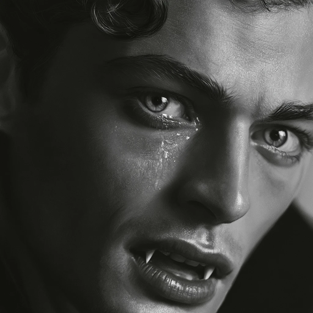 Retrato melancólico em close de um vampiro cinematográfico