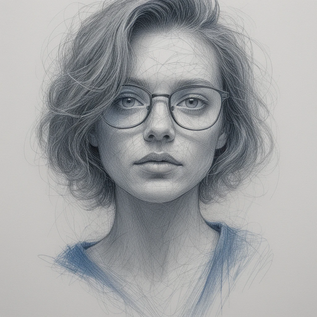 Expressive ballpoint pen portrait with yellow tinted glasses