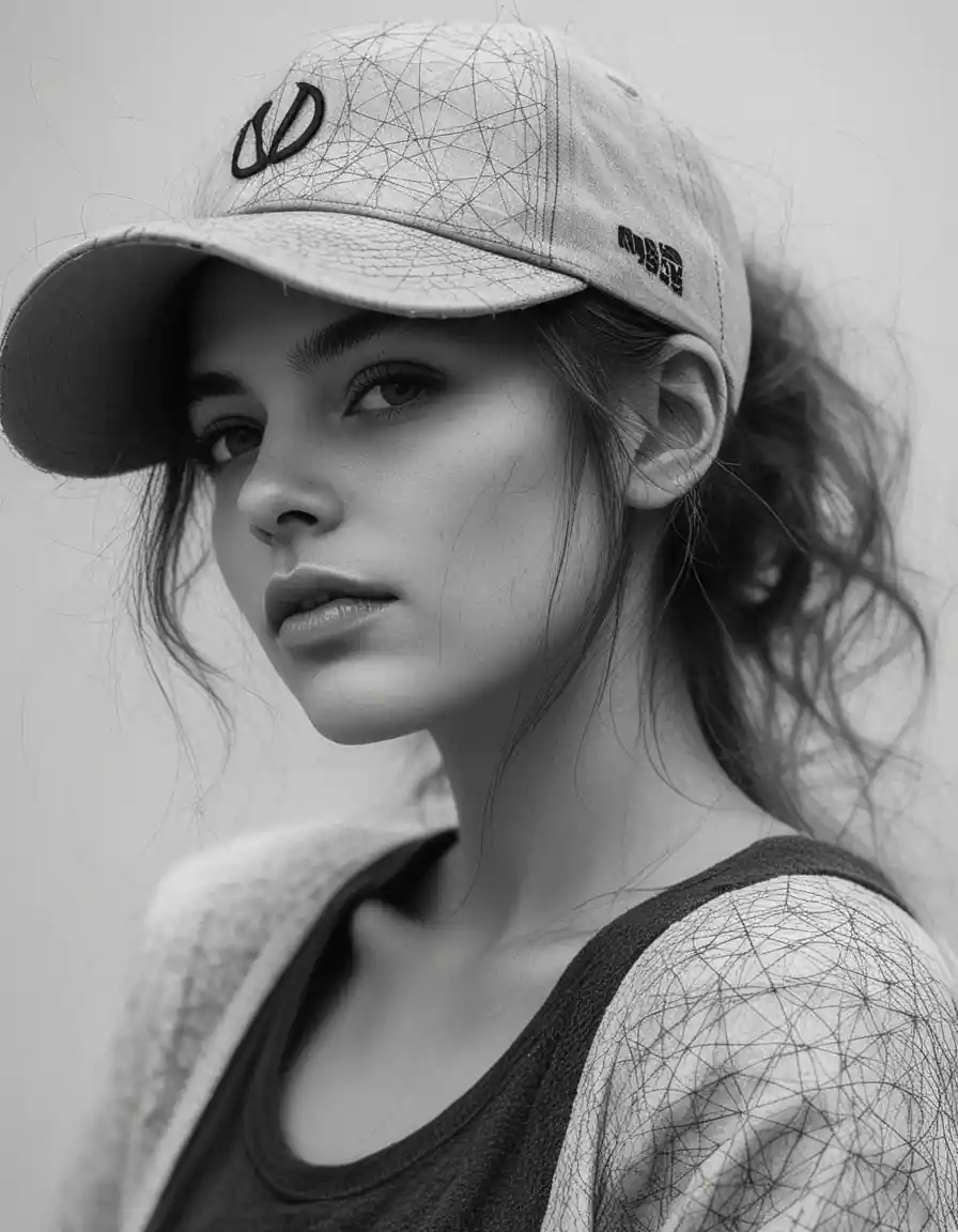 Scribbled ink portrait of a young woman in close up
