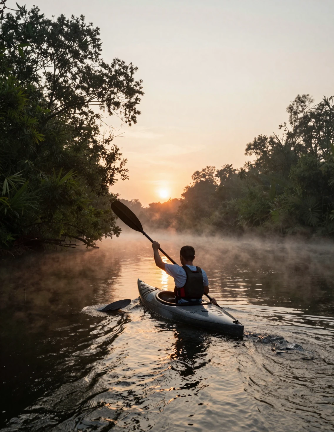 Man kayaking on a misty river at sunrise