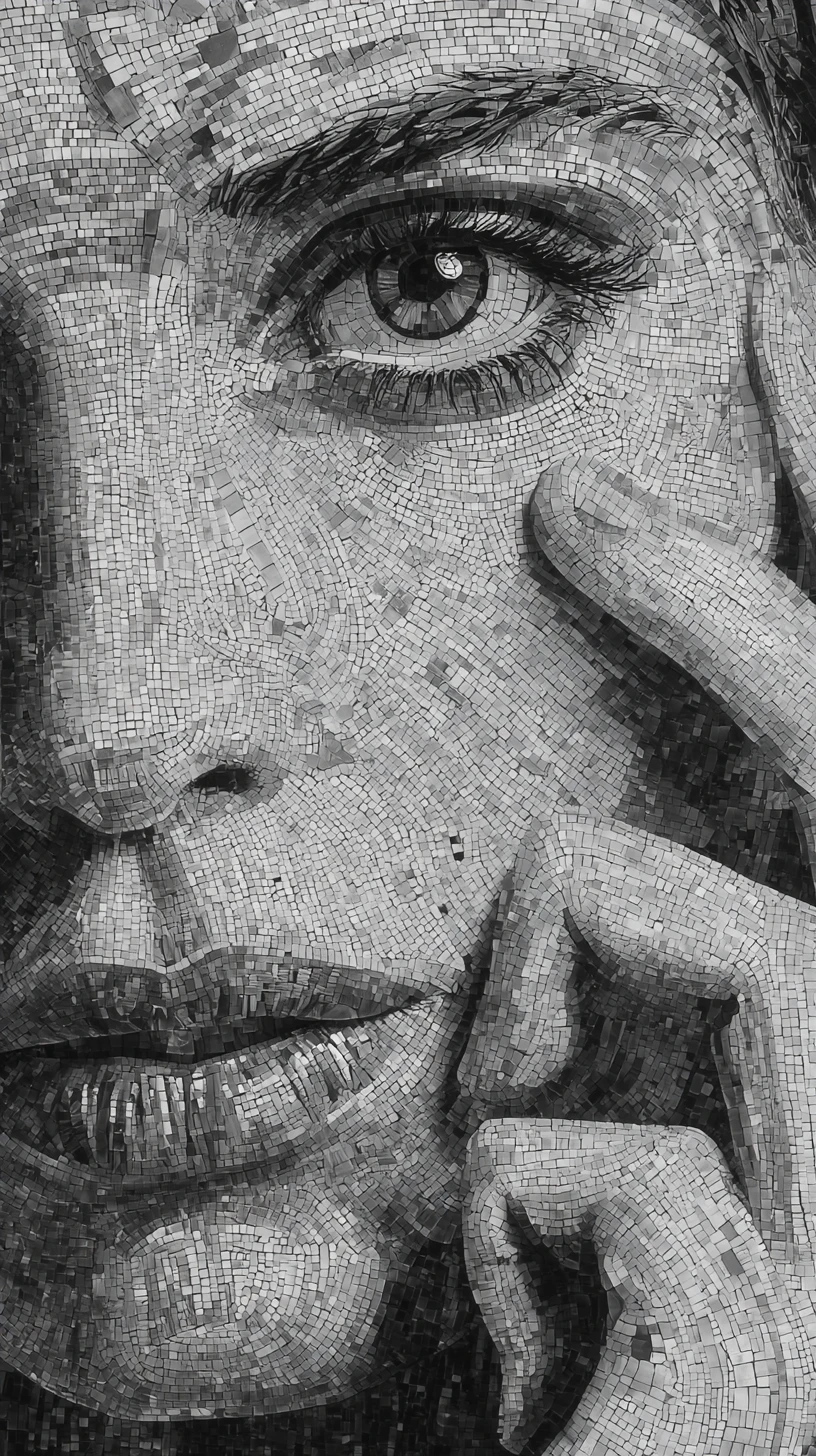 Black and white mosaic close up of a woman face