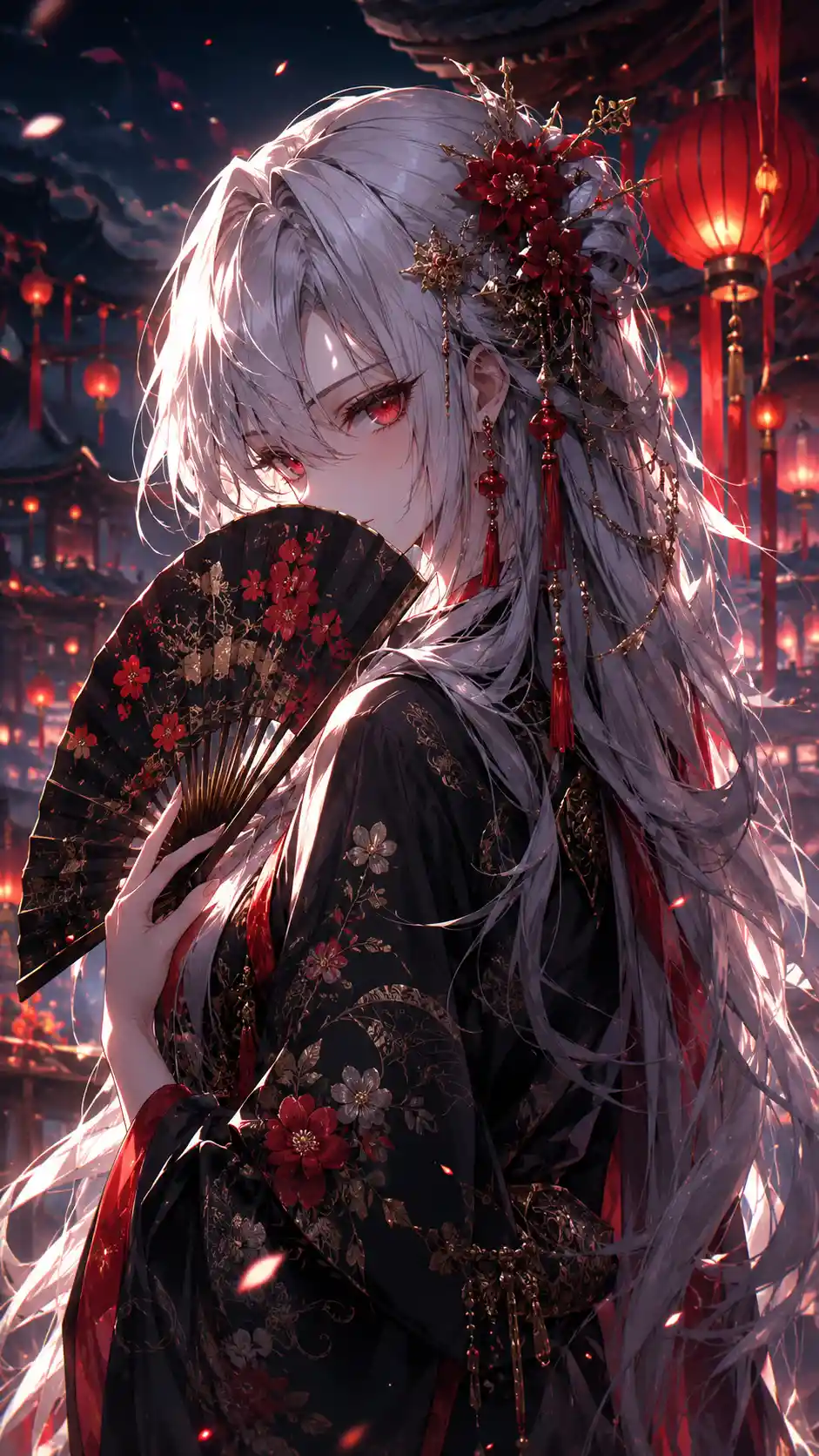 Silberhaariges Anime-Mädchen im schwarzen Kimono bei Nacht
