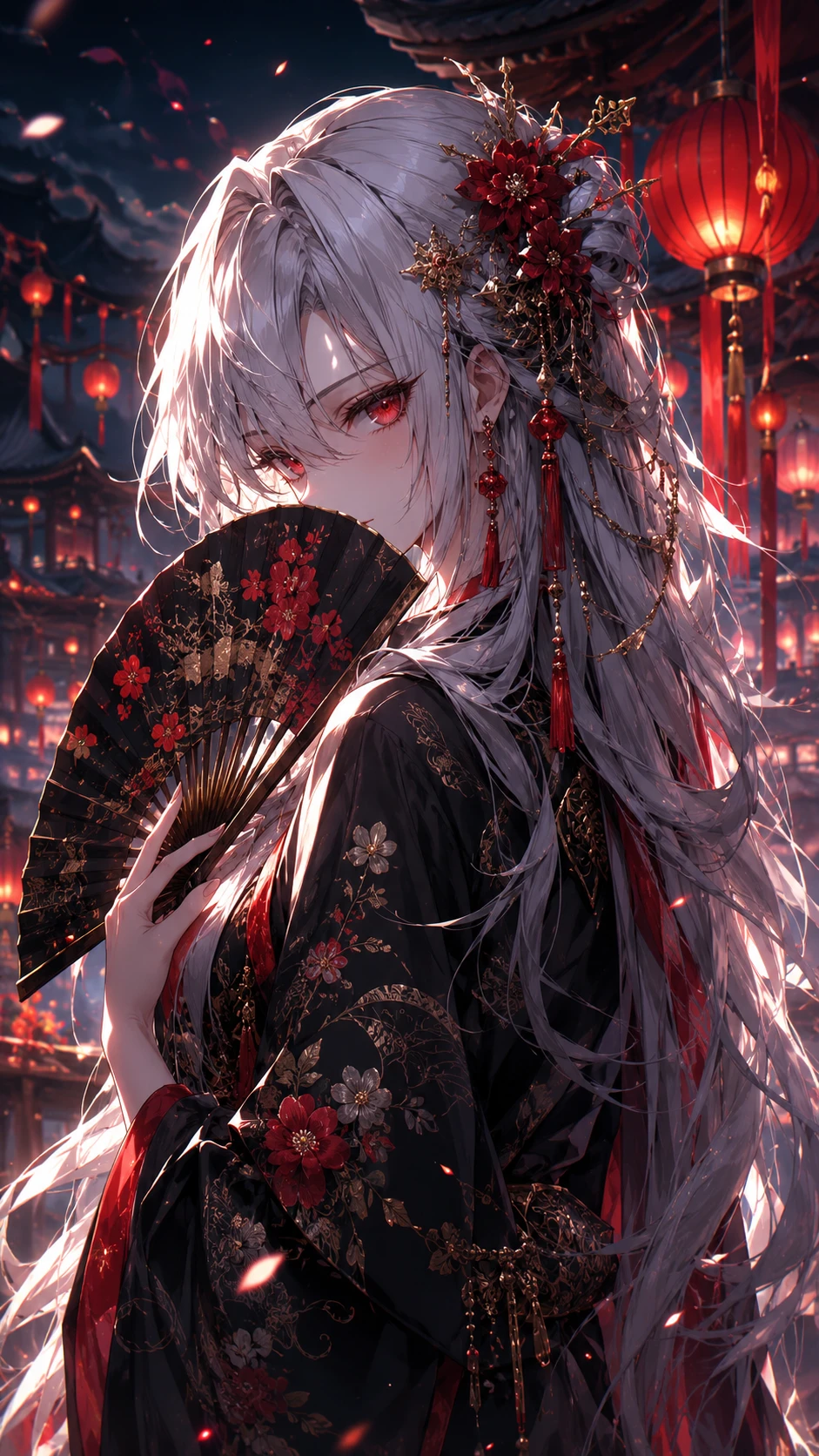 Garota de anime de cabelos prateados em quimono preto à noite