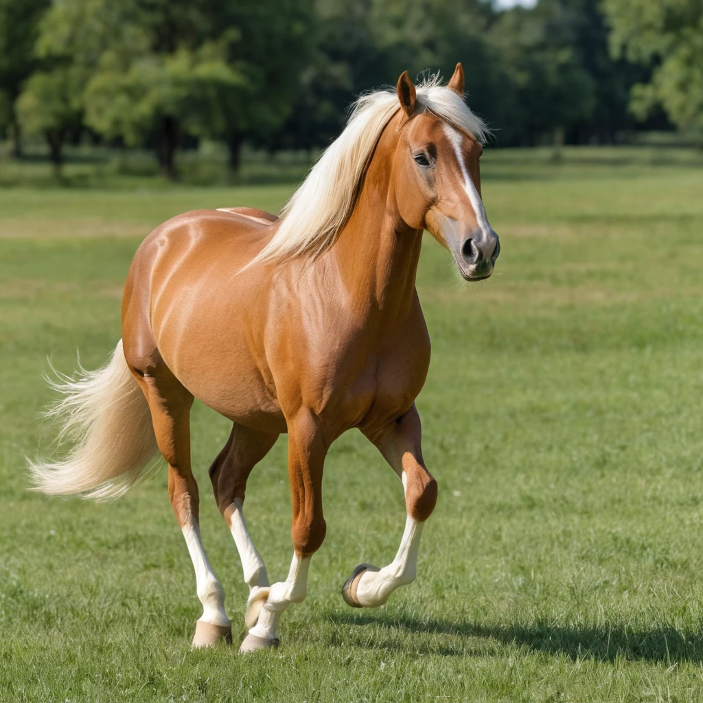 Cavalo castanho trotando por um campo gramado ensolarado