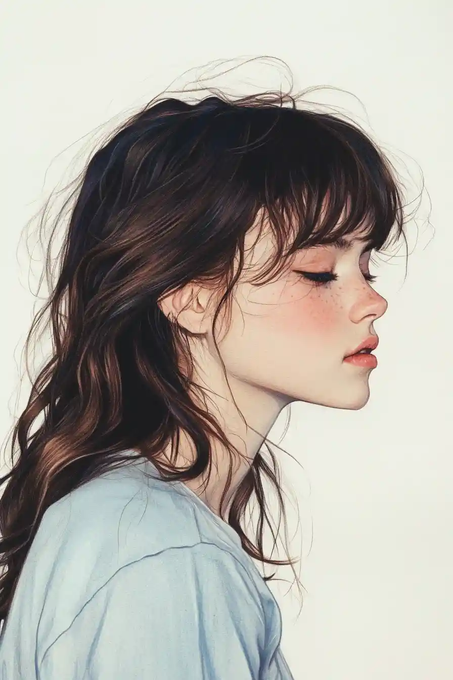 Melancholic girl with teal hair in color pencil portrait