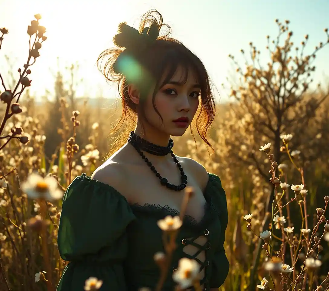 Surreal sunlit landscape with enigmatic woman Nadia Noir