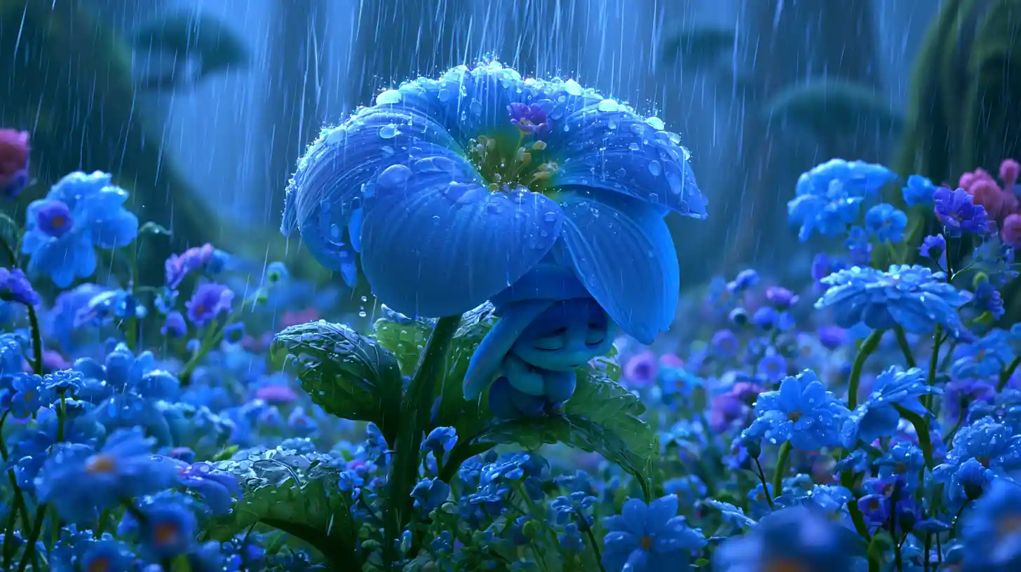 Tiny fantasy creature sheltered under a blue forest flower
