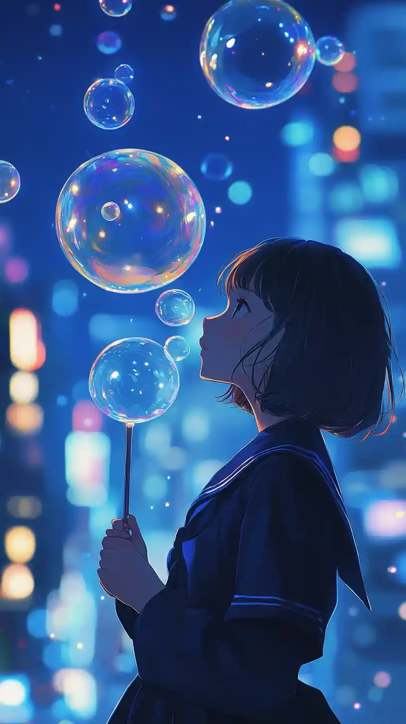 Ragazza anime che soffia bolle di sapone sopra lo skyline della città