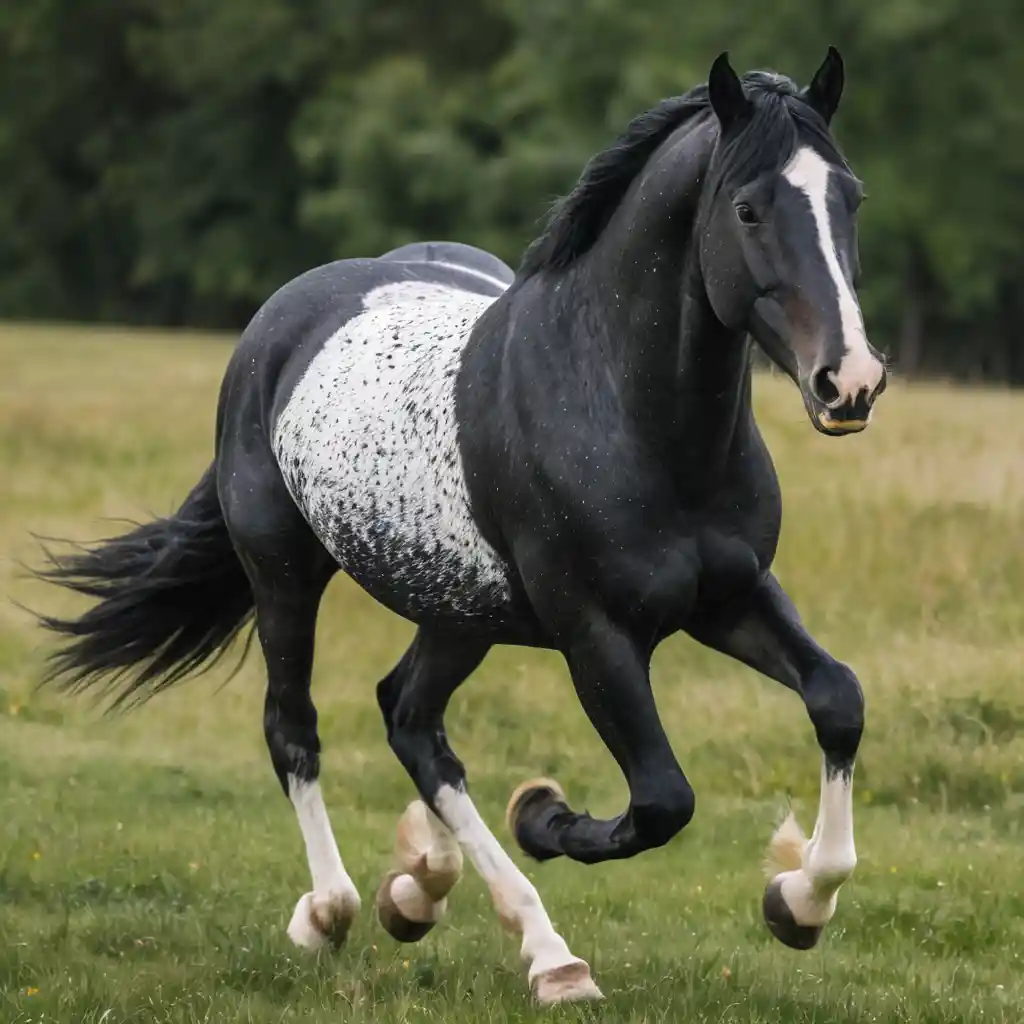 Cavallo nero con macchioline bianche in un prato verde